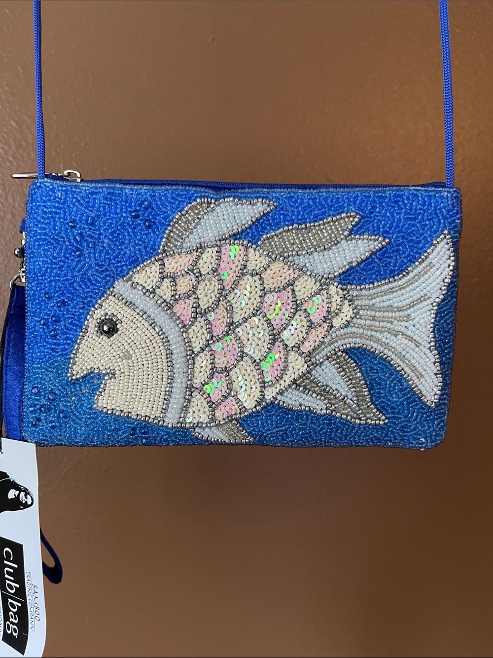 Bamboo Trading Company Blue Beaded Fish Crossbody Bag NWT